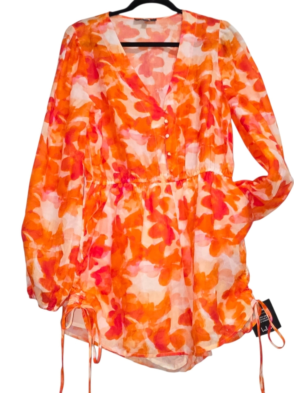 Lulus Sunny Demeanor Orange Floral Linen Blend Romper Long Sleeve Drawstring L - Picture 3 of 11